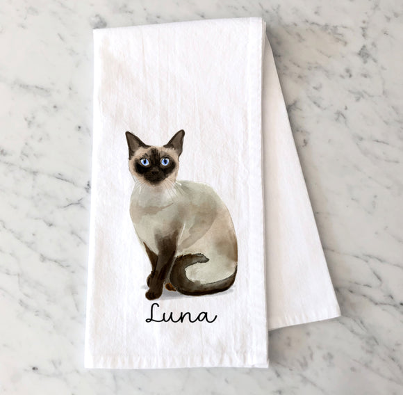 Personalized Siamese Cat Flour Sack Towel – Custom Pet Name Kitchen Towel - Gift for Siamese Cat Lover