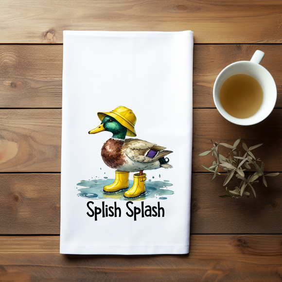 Splish Splash Duck Flour Sack Towel – Cute Farmhouse Kitchen Towel with Rain Boots & Hat – Funny Duck Dish Towel