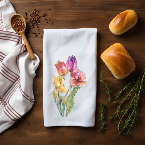 Spring Tulips Flour Sack Towel Gift - Spring Kitchen Decor - Watercolor Tulips Dish Towel - Spring Farmhouse Kitchen - Floral Tea Towels