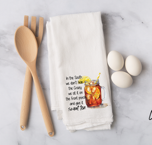 Southern Charm Flour Sack Towel - Sweet Tea Front Porch Saying - Funny Kitchen Towel - Southern Gift - Country Home Decor - Southern Life