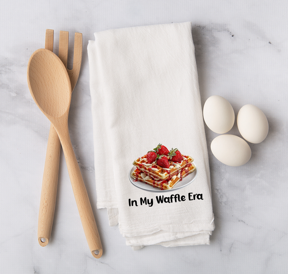 In My Waffle Era Flour Sack Towel - Funny Kitchen Towel with Strawberry Waffle Design - Cute Baking & Breakfast Gift