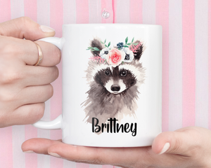 Personalized Floral Raccoon Coffee Mug Gift - Raccoon Lovers Gift - Rocky Raccoon Mug - Custom Gift for Her - Raccoon Life