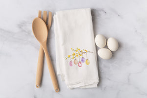 Spring Decor Flour Sack Towel - Easter Farmhouse Decor - Forsythia and Easter Eggs Kitchen Towel - Farmhouse Kitchen Decor