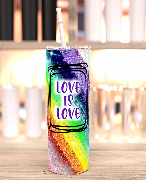 Glittery Rainbow Metal Tumbler With Straw - Skinny Tumbler Pride Month Gift - LBGTQ Gift - Love Is Love Tumbler