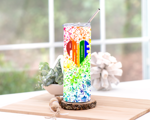 Skinny Tumbler Pride Month Gift - Metal Tumbler With Straw - LBGTQ Gift - Spatter Rainbow