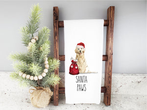 Santa Paws Golden Retriever Flour Sack Towel - Christmas Pup Tea Towel - Gift for Golden Lover - Dog Mom Gift - Holiday Kitchen Towel