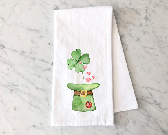 St. Patrick's Day Flour Sack Towel with Shamrock - Hearts, and Leprechaun Hat - Kitchen Decor for Saint Patty's Day - Farmhouse Decor