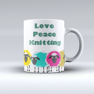 Love Peace Knitting Coffee Mug - Funny Coffee Mug for Knitters - Christmas or birthday Gift - Sublimated Coffee or Tea Mug