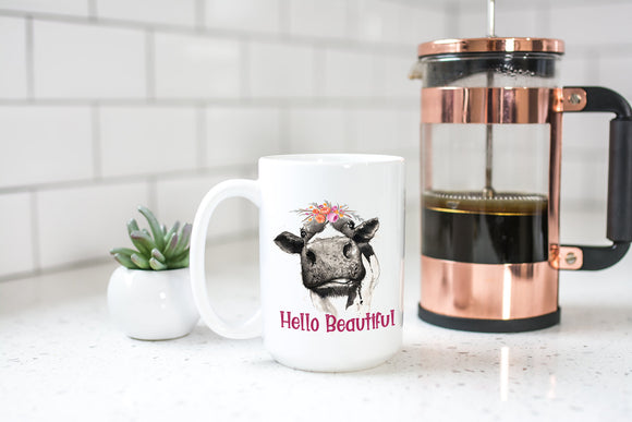 Hello Beautiful Coffee Mug Gift - Cow Lovers Gift - Floral Cow Cup - Gift for Her - Gift for Best Friend - Dishwasher Safe - Tea