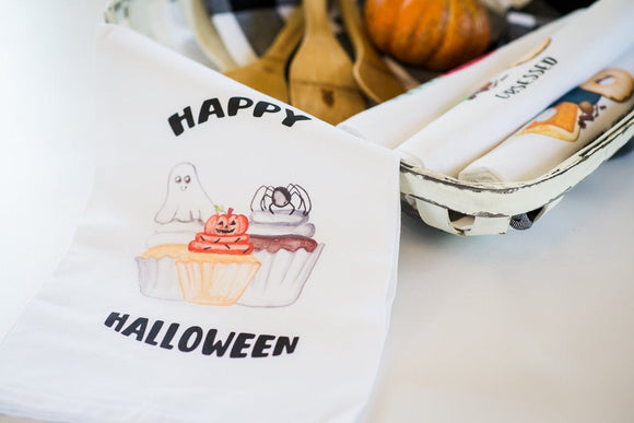 Happy Halloween Cupcake Tea Towel - Halloween Kitchen Decor - Holiday Dishtowel - Fall Decor - Flour Sack Towel